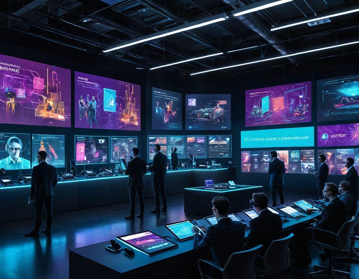 A futuristic digital auction scene with diverse bidders using advanced technology, such as VR headsets and tablets, surrounded by dynamic bidding graphics and holograms of products. The background should depict a high-tech auction room with glowing screens and vibrant colors reflecting excitement and competition. Include elements symbolizing intelligence, like neural networks or data flows, to signify strategic thinking. Very vibrant colors. cyberpunk style.
