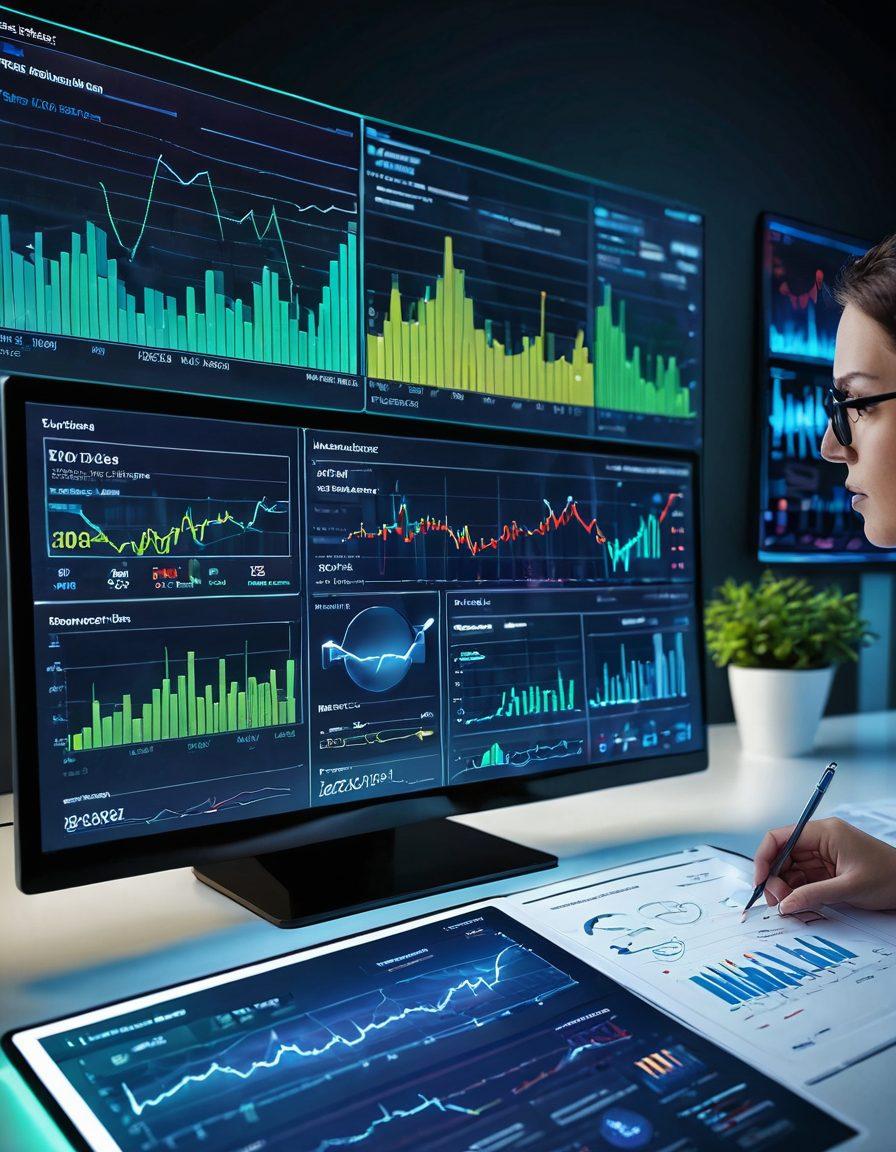 A dynamic composition illustrating a digital dashboard displaying real-time analytics charts and graphs, with vibrant lines and glowing data points. In the background, a competitive bidding scene with diverse professionals engaging in a strategy discussion. Incorporate elements like glowing timelines and data streams to symbolize speed and analysis. The color scheme should be modern and high-tech, featuring blues and greens. 3D rendering. vibrant colors.