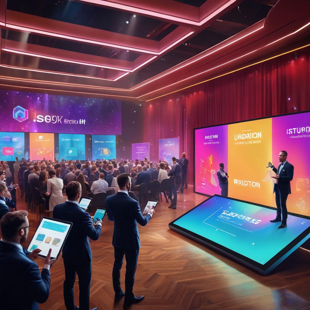 A dynamic scene showcasing an auction environment with a modern twist: a digital auctioneer using holographic displays, bidders interacting with tablets and screens, colorful bid icons floating around, and a backdrop of an elegant auction hall filled with excited participants. super-realistic. vibrant colors. high-tech elements.